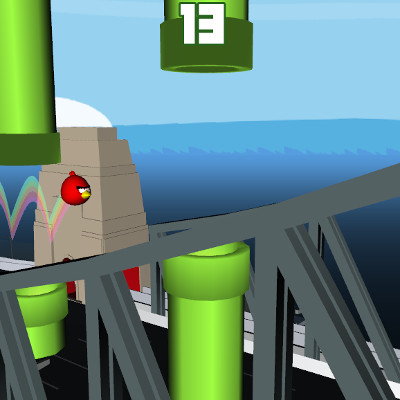 Flappy Bird Perspective shot showing a red bird flying over green tubes, over a bridge