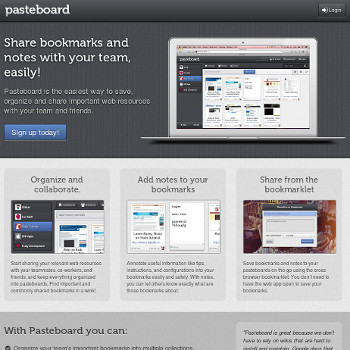 Pasteboard login screen displaying website features
